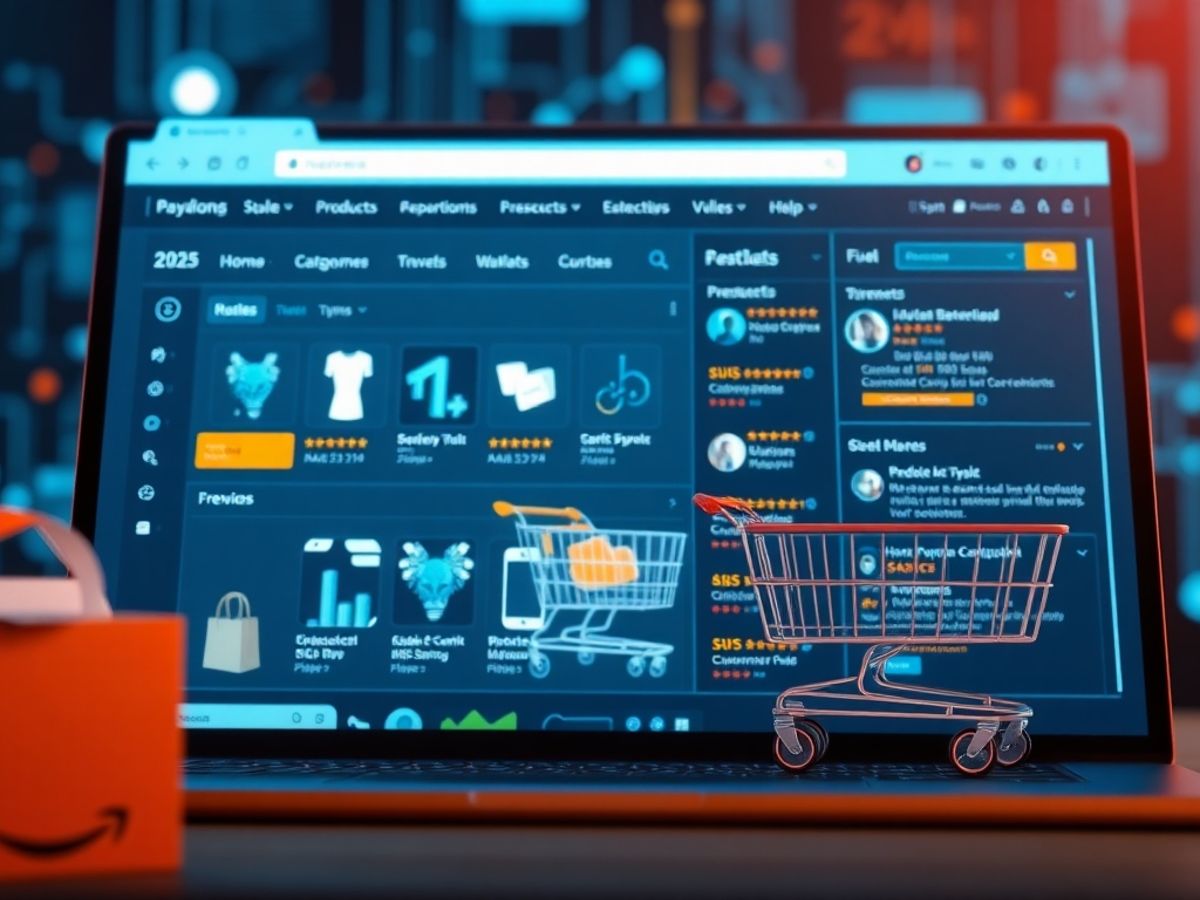 Interface de compras online com produtos e avaliações.